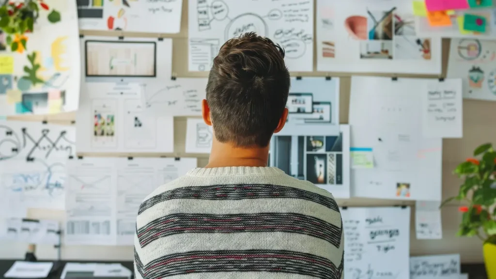 A man looks at a vision board