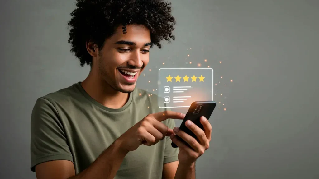 A young man smiles while interacting with a digital review interface on his smartphone