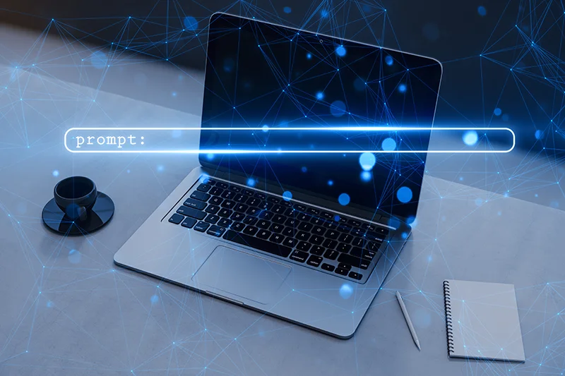 Close up of laptop on white desk with coffee cup, supplies and glowing blue search bar on blurry polygonal background.