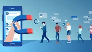 Vector of a group of people using mobile gadgets communicating being attracted by social media app