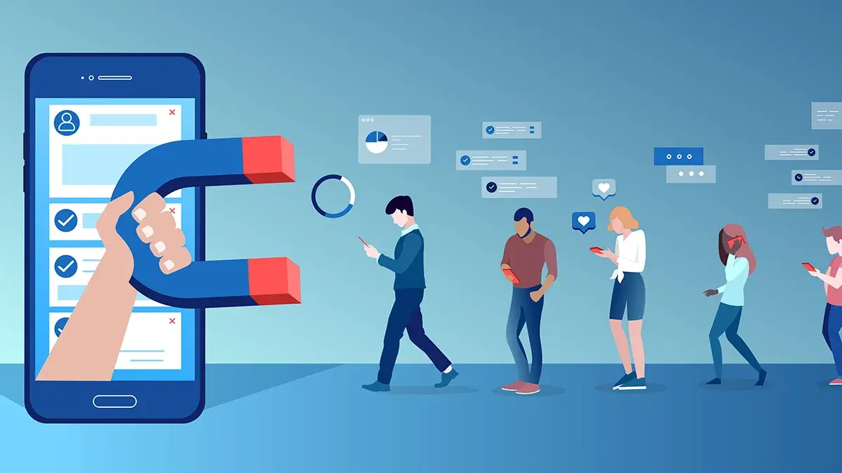 Vector of a group of people using mobile gadgets communicating being attracted by social media app