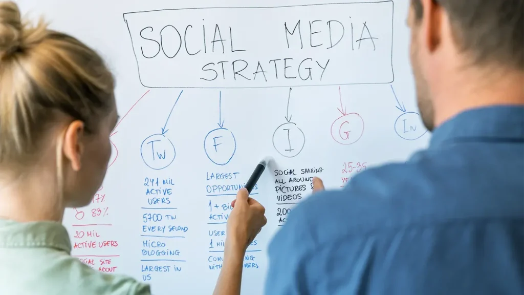 People discussing strategy plan on whiteboard in office