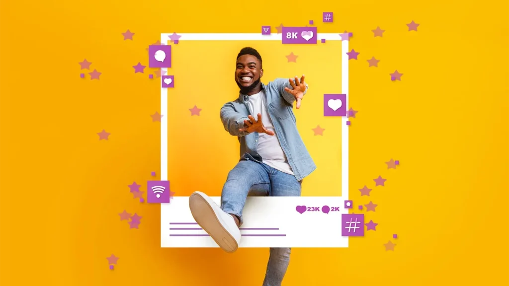 African American guy dancing and jumping out of photo frame on yellow background, collage with social media reactions 