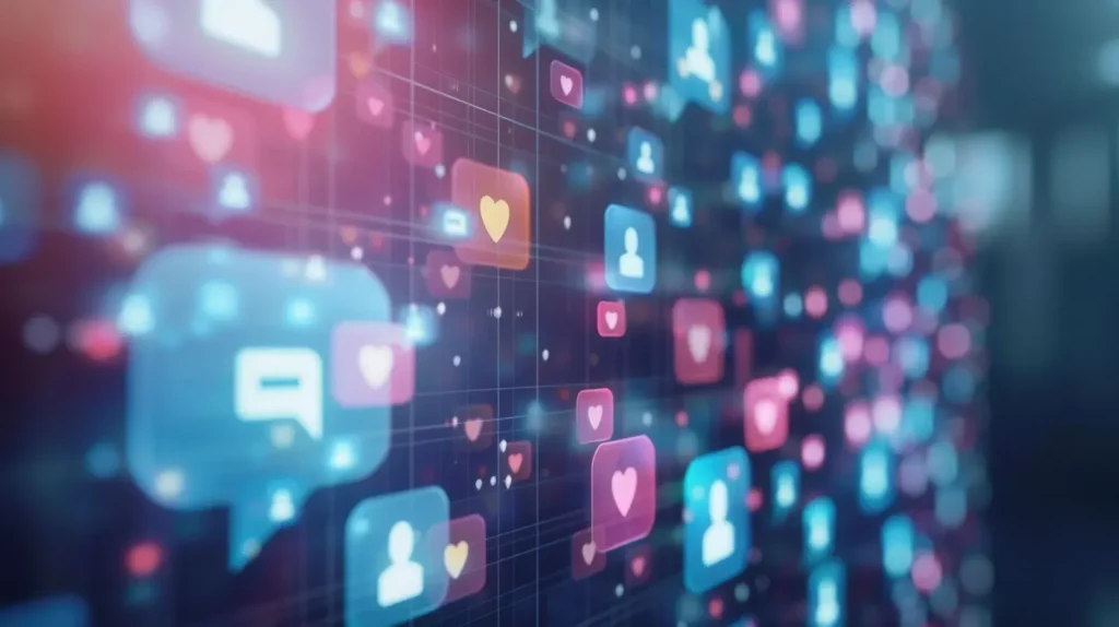 A vibrant background featuring social media icons like hearts, comments, and profile pictures.
