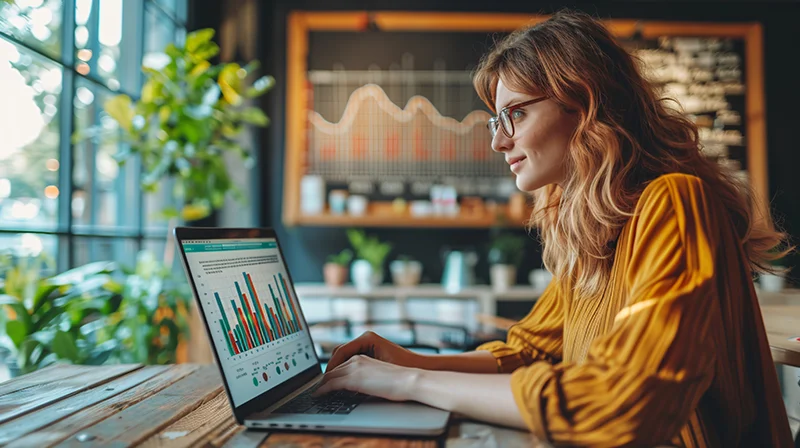 A digital marketer analyzing PPC campaign results on a laptop 
