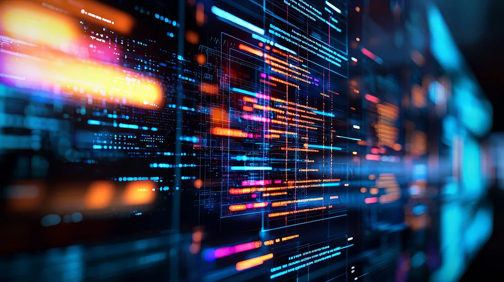 Digital data streams and code on a futuristic interface background