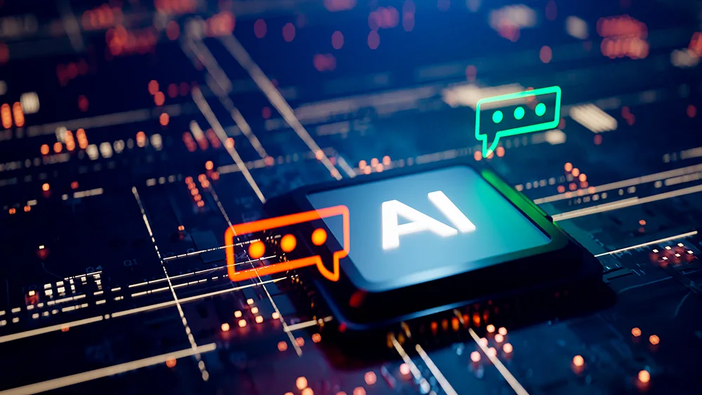 Conceptual image with a speech bubble next to an interactive AI CPU