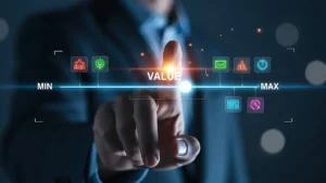 Businessman's Finger Touches Digital Interface with Value Scale and Icons