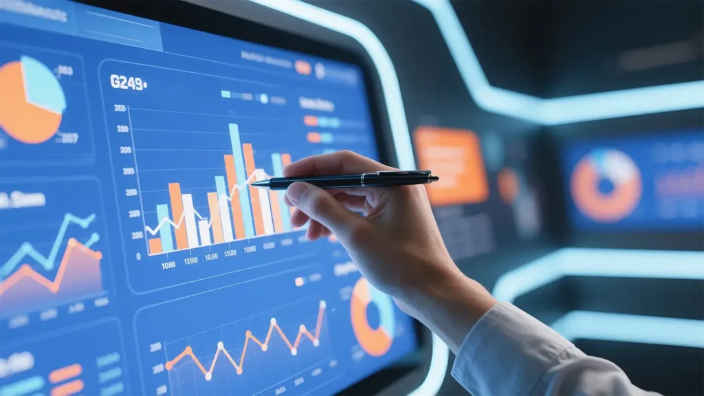 Person analyzes complex business data and key performance indicators on a modern digital dashboard screen 
