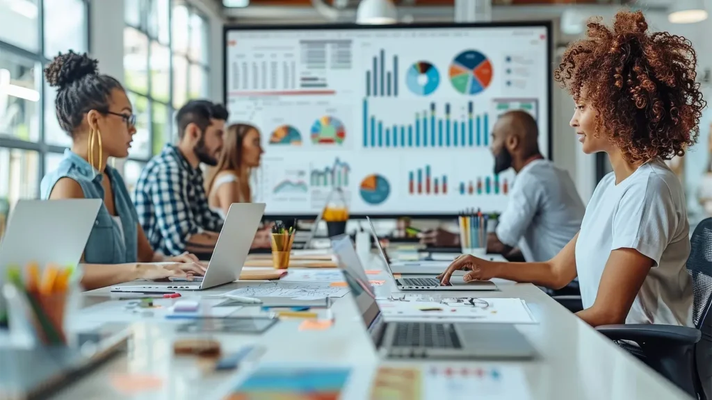 An office staff collaborating on a digital marketing campaign.