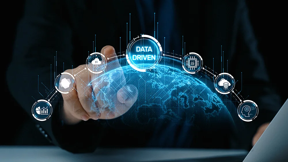 Icons representing data collection, with "Data Driven" as the apex.