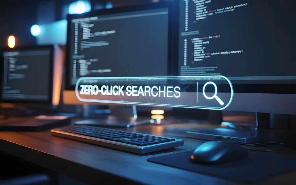 computer screen displaying zero click searches and coding with a search bar icon