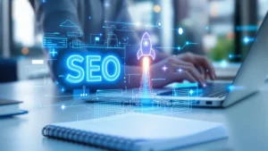 SEO digital marketing concept with glowing holographic elements.