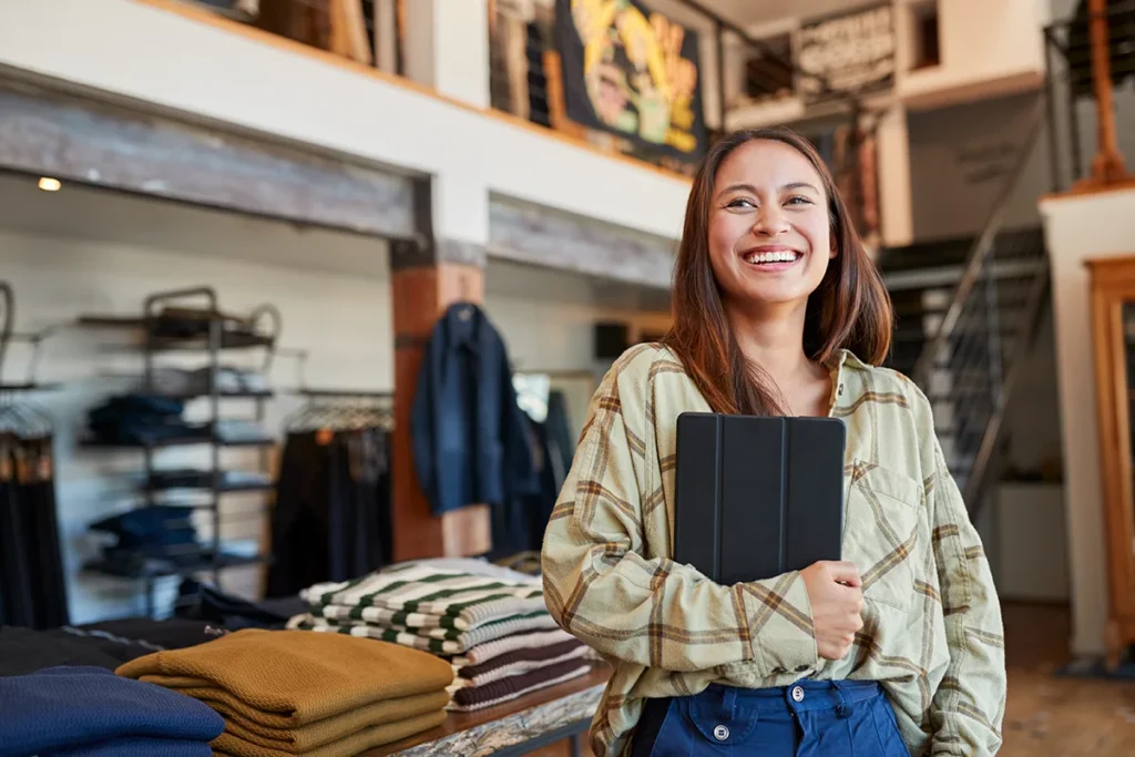 Female Owner Of Fashion Store Using Digital Tablet To Check Stock In Clothing Store