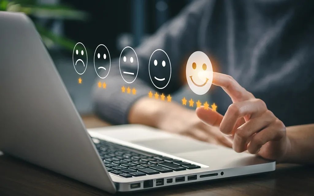 User give rating to service experience on online application for customer review satisfaction feedback survey concept.