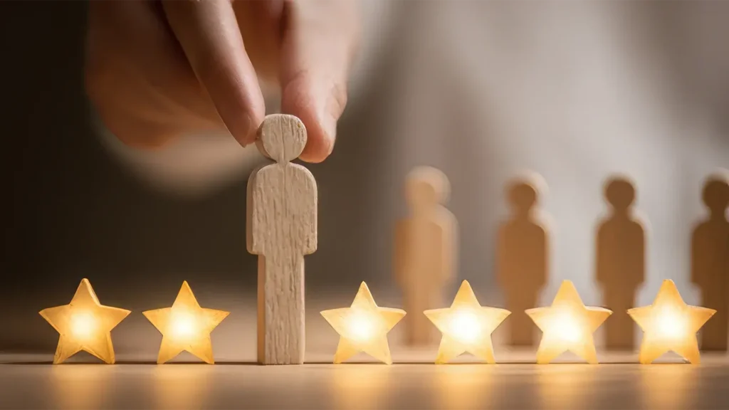 Human hand picking a single wooden peg doll out of a line of identical dolls.