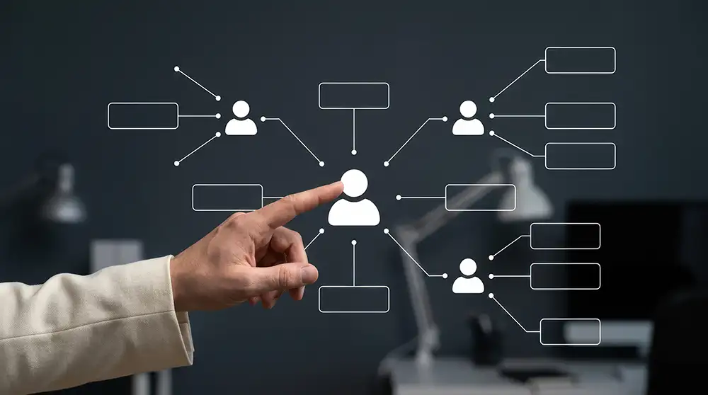 Businessman pointing at digital organizational chart showing corporate hierarchy and team networking structure, human resource, workflow modern technology business concept