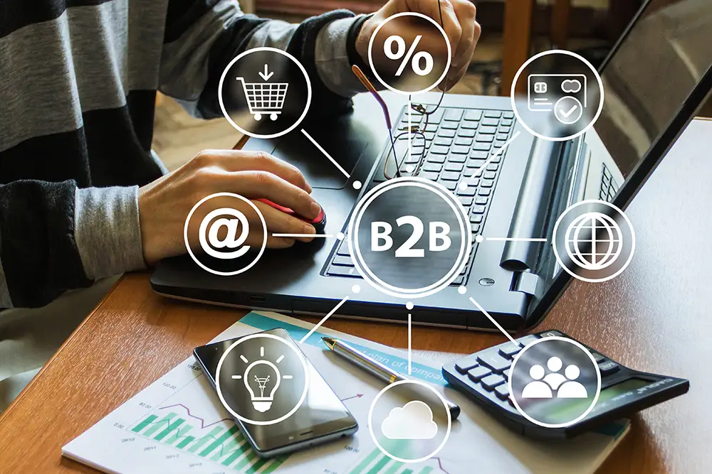 Businessman presses button b2b business-to-business icon connection network.